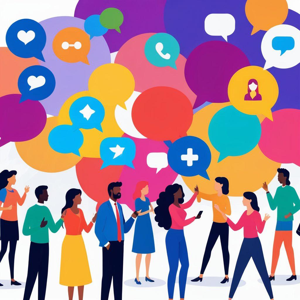 A lively digital landscape showcasing diverse individuals engaging in a vibrant online forum, with chat bubbles, thumbs-up emojis, and animated interactions. The background features interconnected nodes symbolizing peer-to-peer sharing and communication. The scene should be filled with bright colors that reflect enthusiasm and engagement, capturing the essence of dynamic online interactions. vector art. vibrant colors. white background.