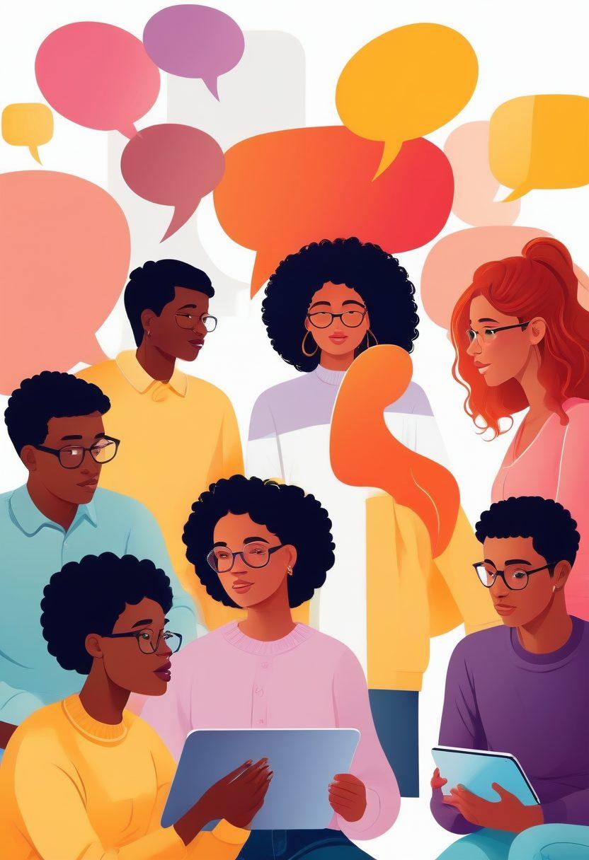 A vibrant illustration showcasing diverse individuals of varying backgrounds engaged in a lively discussion about sex education, surrounded by digital devices symbolizing social networking. Include speech bubbles representing various topics of conversation and bright, empowering colors to evoke a sense of openness and community. The scene should highlight a blend of technology and education in a warm, inviting atmosphere. vector art. vibrant colors. white background.