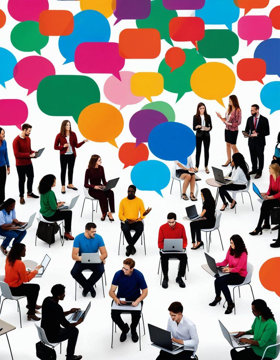A vibrant digital landscape depicting diverse individuals engaging in conversation, with speech bubbles floating around them symbolizing shared ideas. Incorporate elements of technology such as laptops and smartphones to reflect the digital community aspect. Background filled with interconnected nodes representing a network of voices. super-realistic. vibrant colors. white background.